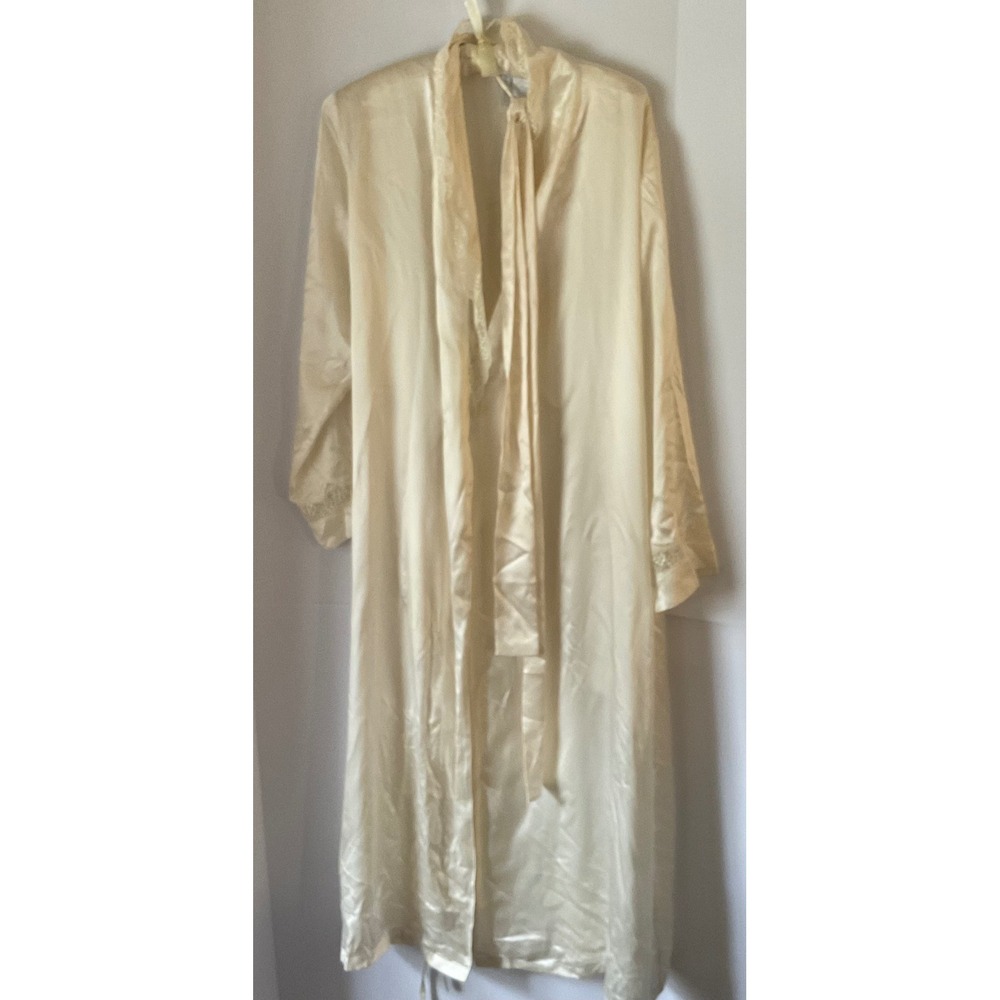 Willow Blossom Womens Ivory 100% Silk Long Robe Lace Trim Size Large Cream Tie